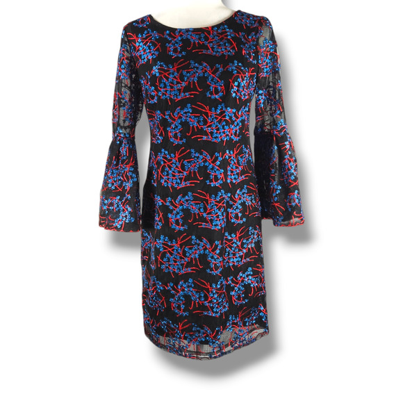 EUC Nicole Miller New York Floral Embroidered Tulle Dress Sz. 4 Black Blue Red - Picture 2 of 10